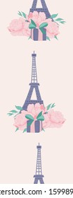 Vertical seamless border with tour eiffel, peonies and gifts, perfect to use on the web or in print