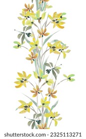 vertical seamless border with a watercolor sketch of a yellow orchid with flying dragonflies. vector illustration of painted flowers. texture with Chinese ink painting of blossom