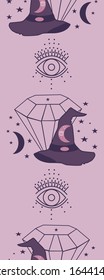 Vertical seamless border with witch hat, diamonds and celestials, perfect to use on the web or in print