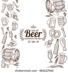 Vertical seamless borders of beer icons. Sketch style illustration of beer for vintage decorations of pub or bar menu. Vector.