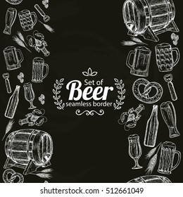 Vertical seamless borders of beer icons on black background. Sketch style illustration of beer theme for vintage decorations of pub or bar menu. Vector.