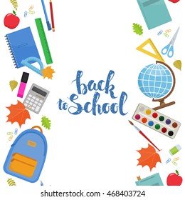 Vertical seamless borders of colorful items for education. Back to school  lettering. Vector stock illustration.