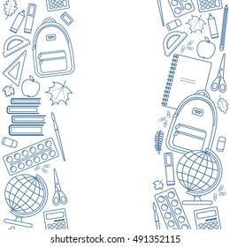 Vertical seamless borders of colorful items for education. Back to school  lettering. Vector illustration.