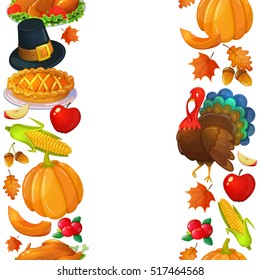 Vertical seamless borders with Thanksgiving icons. Colorful cartoon greeting card with traditional food, leaves and turkey decoration. Vector.