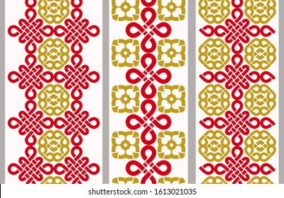 Vertical seamless chinese border with red and gold knots. Vector set of 3. Traditional pattern. Use for embroidery, braid, tape, ribbon.	