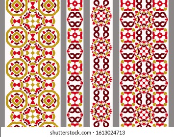 Vertical seamless chinese geometric border with ethnic elements. Vector set of 4. Traditional background. Use for embroidery, braid, tape, ribbon.