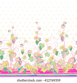 Vertical Seamless colorful floral pattern with grape, leaves and flowers on  white background. Hand drawn texture for clothes, bedclothes, invitation, card design etc.