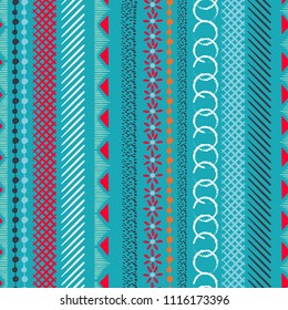 Vertical Seamless colorful pattern with geometric shapes. Triangles, crosses, circles. line in Hand drawn style for fashion ,fabric and every prints on green background
