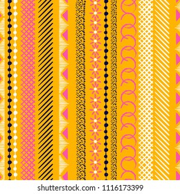 Vertical Seamless colorful pattern with geometric shapes. Triangles, crosses, circles. line in Hand drawn style for fashion ,fabric and every prints on orange background