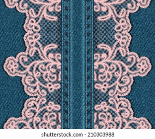 Vertical seamless denim background with lace. Vector illustration.