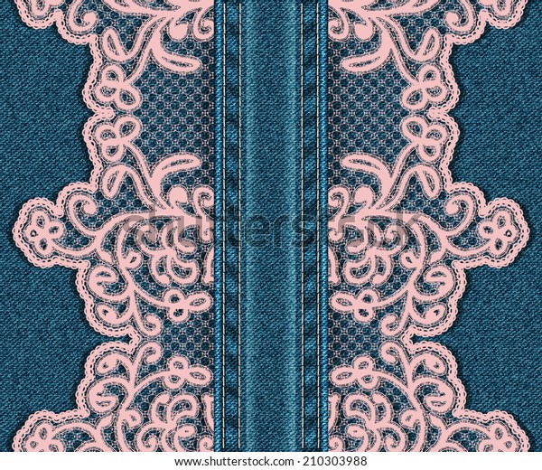 Vertical seamless denim background with\
lace. Vector\
illustration.