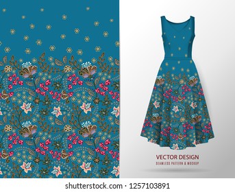 Vertical seamless fashion background. Women's long dress mock up with bright seamless hand drawn pattern for textile, paper print. Isolated dark blue dress. vector