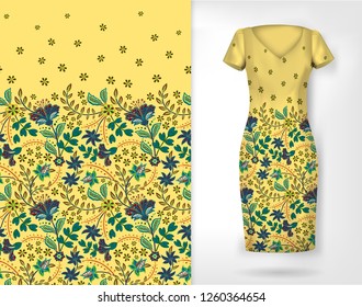 Vertical seamless fashion background. Women's long dress mock up with bright seamless hand drawn pattern for textile, paper print. Isolated light yellow dress with floral pattern. vector