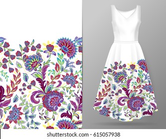 Vertical seamless fashion background. Women's dress mock up with colorful seamless hand drawn pattern for textile, paper print. Isolated colorful dress and vertical seamless background, vector