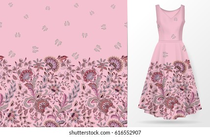 Vertical seamless fashion background. Women's dress mock up with pink fantasy flowers and butterflies. Seamless hand drawn pattern for textile, paper print. Isolated colorful dress. Vector