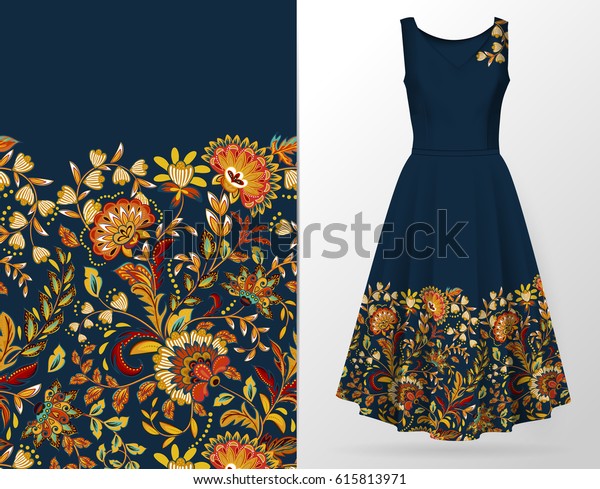 Vertical\
seamless fashion background. Women\'s long dress mock up with bright\
seamless hand drawn pattern for textile, paper print. Isolated dark\
blue dress with orange brown pattern.\
vector