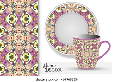 Vertical seamless floral doodle pattern, set of matching decorative plate and cup for interior design. Isolated design elements. Colorful tribal ethnic ornament, home decor background