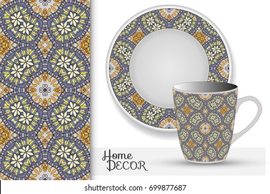 Vertical seamless floral doodle pattern, set of matching decorative plate and cup for interior design. Isolated design elements. Colorful tribal ethnic ornament, home decor background