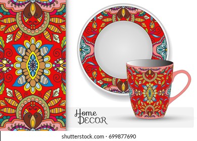 Vertical seamless floral doodle pattern, set of matching decorative plate and cup for interior design. Isolated design elements. Colorful tribal ethnic ornament, home decor background