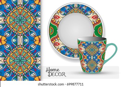 Vertical seamless floral doodle pattern, set of matching decorative plate and cup for interior design. Isolated design elements. Colorful tribal ethnic ornament, home decor background