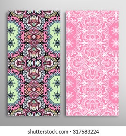 Vertical seamless floral geometric lace patterns set with hand drawn texture for Wedding, Bridal, Valentine's day or Birthday Invitations, fabric or paper print. Vector collection