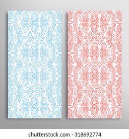 Vertical seamless floral geometric lace patterns set with hand drawn texture for Wedding, Bridal, Valentine's day or Birthday Invitations, fabric or paper print. Vector collection