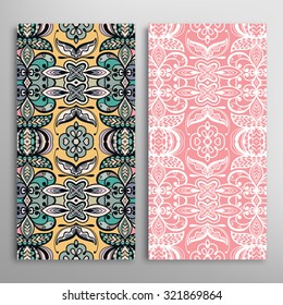 Vertical seamless floral geometric lace patterns set with hand drawn texture for Wedding, Bridal, Valentine's day or Birthday Invitations, fabric or paper print. Vector collection