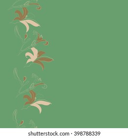 Vertical   seamless floral motif, doodles,spots,lilly flowers, branch, hole, bud, leaves, copy space. Hand drawn.