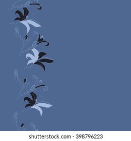 Vertical   seamless floral motif, doodles,spots,lilly flowers, branch, hole, bud, leaves, copy space. Hand drawn.