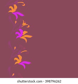 Vertical   seamless floral motif, doodles,spots,lilly flowers, branch, hole, bud, leaves, copy space. Hand drawn.