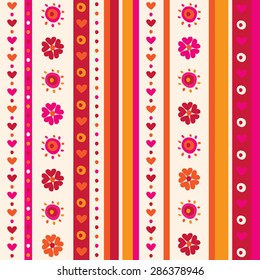 Vertical seamless floral pattern. Flowers and hearts. Wrapping paper, cloth. Vector.