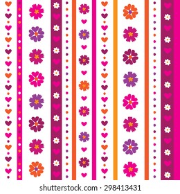 Vertical seamless floral pattern. Flowers and hearts. Wrapping paper, cloth. Vector illustration.