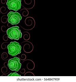 Vertical seamless floral pattern in pink and green colors. Motley roses with a band of flowers with copy space (place for your text). Watercolor painting seamless pattern.