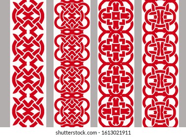 Vertical seamless geometric chinese pattern with red knots and ethnic elements. Vector set of 4. Use for embroidery, braid, tape, ribbon.