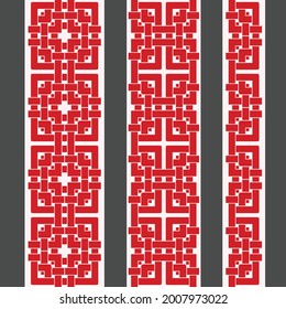 Vertical seamless geometric chinese pattern with red knots and weaving . Vector set . Use for embroidery, braid, tape, ribbon.