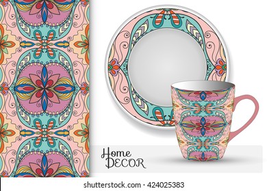 Vertical seamless geometric floral pattern, set of matching decorative plate and cup for interior design. Vector decoration with isolated design elements. Tribal ethnic ornament, home decor background