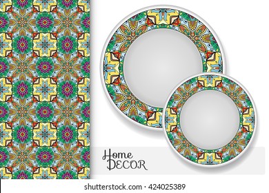 Vertical seamless geometric floral pattern and set of two matching decorative plates for interior design. Vector decoration with isolated design elements. Tribal ethnic ornament, home decor background
