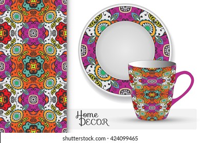 Vertical seamless geometric floral pattern, set of matching decorative plate and cup for interior design. Vector decoration with isolated design elements. Tribal ethnic ornament, home decor background