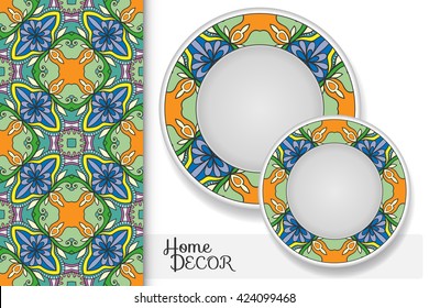 Vertical seamless geometric floral pattern and set of two matching decorative plates for interior design. Vector decoration with isolated design elements. Tribal ethnic ornament, home decor background