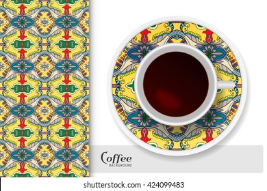 Vertical seamless geometric floral pattern and set of two matching decorative plates for interior design. Vector decoration with isolated design elements. Tribal ethnic ornament, home decor background