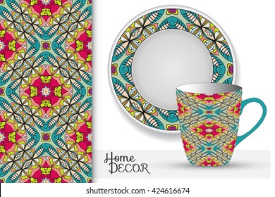 Vertical seamless geometric floral pattern, set of matching decorative plate and cup for interior design. Vector decoration with isolated design elements. Tribal ethnic ornament, home decor background