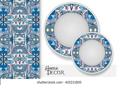 Vertical seamless geometric floral pattern and set of two matching decorative plates for interior design. Vector decoration with isolated design elements. Tribal ethnic ornament, home decor background
