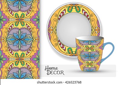 Vertical seamless geometric floral pattern, set of matching decorative plate and cup for interior design. Vector decoration with isolated design elements. Tribal ethnic ornament, home decor background