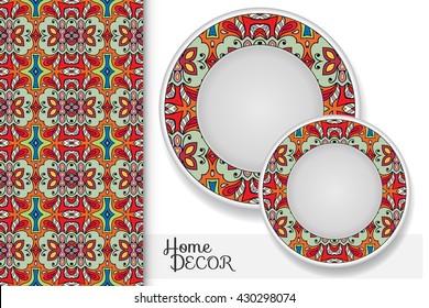 Vertical seamless geometric floral pattern and set of two matching decorative plates for interior design. Vector decoration with isolated design elements. Tribal ethnic ornament, home decor background