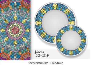 Vertical seamless geometric floral pattern and set of two matching decorative plates for interior design. Vector decoration with isolated design elements. Tribal ethnic ornament, home decor background