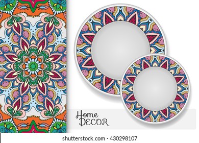 Vertical seamless geometric floral pattern and set of two matching decorative plates for interior design. Vector decoration with isolated design elements. Tribal ethnic ornament, home decor background