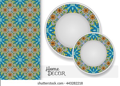 Vertical seamless geometric floral pattern and set of two matching decorative plates for interior design. Vector decoration with isolated design elements. Tribal ethnic ornament, home decor background