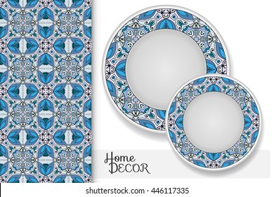Vertical seamless geometric floral pattern and set of two matching decorative plates for interior design. Vector decoration with isolated design elements. Tribal ethnic ornament, home decor background