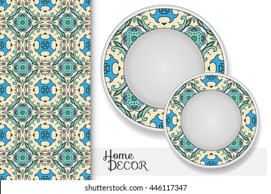 Vertical seamless geometric floral pattern and set of two matching decorative plates for interior design. Vector decoration with isolated design elements. Tribal ethnic ornament, home decor background