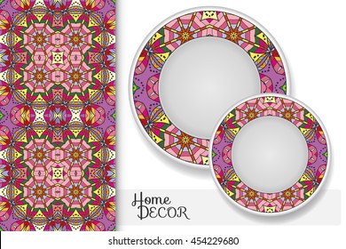 Vertical seamless geometric floral pattern and set of two matching decorative plates for interior design. Vector decoration with isolated design elements. Tribal ethnic ornament, home decor background